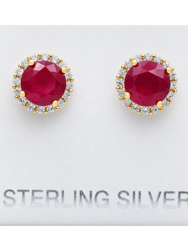 Genuine 3.26 Cts Ruby & W/Sapphires Stud Earrings 14k Yellow Gold Plated (.925)